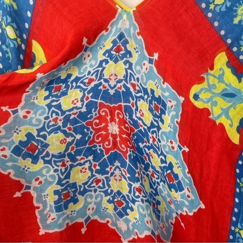 J. McLaughlin Yellow Blue Red Linen Blend Beach Cover Up Tunic Popover Kaftan - Picture 3 of 11